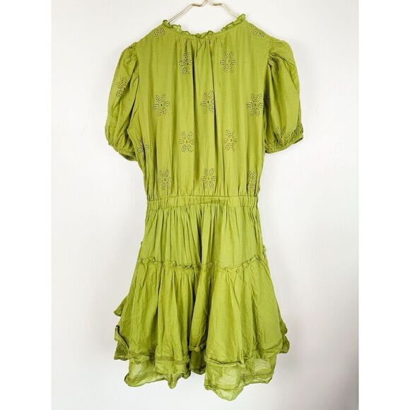LABEL RITU KUMAR GREEN SOLID TIE UP SHORT DRESS Size Small Puff Sleeve - Picture 7 of 12